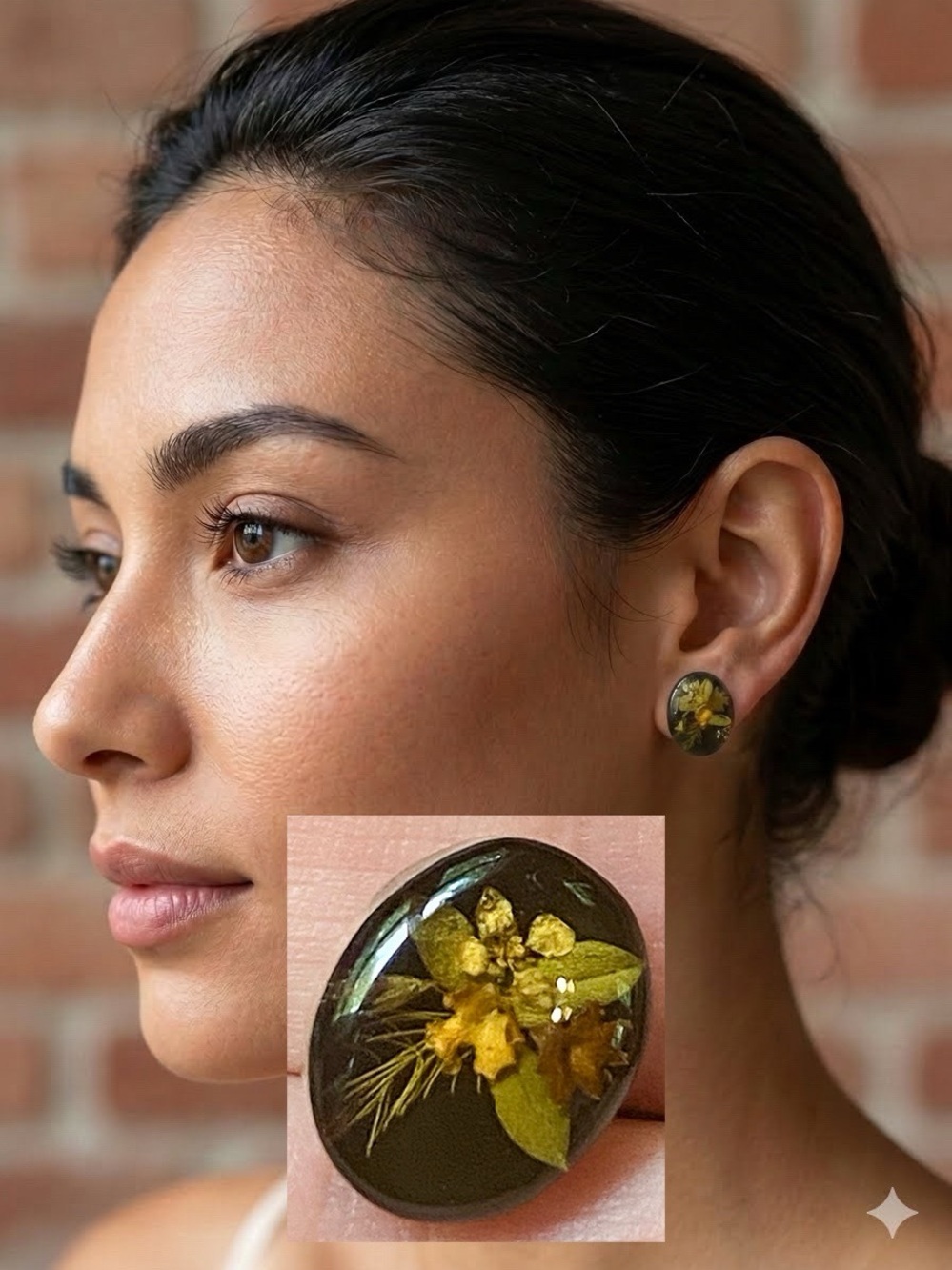 925 Sterling Silver Black Dried Flowers in resin Stud Earrings .5”